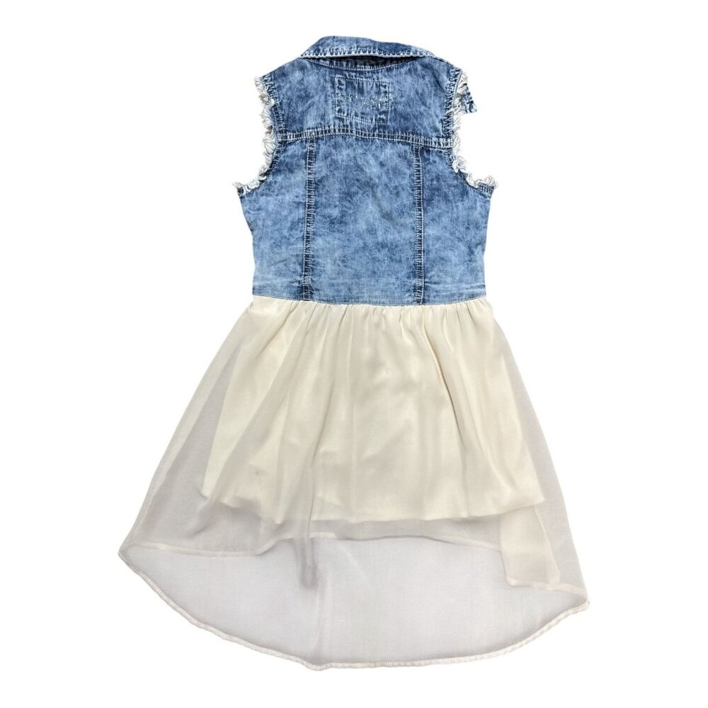 Guess Girls Size 8 Denim Chiffon Sleeveless Dress With Tie Waist & Frayed Edges - Picture 2 of 9
